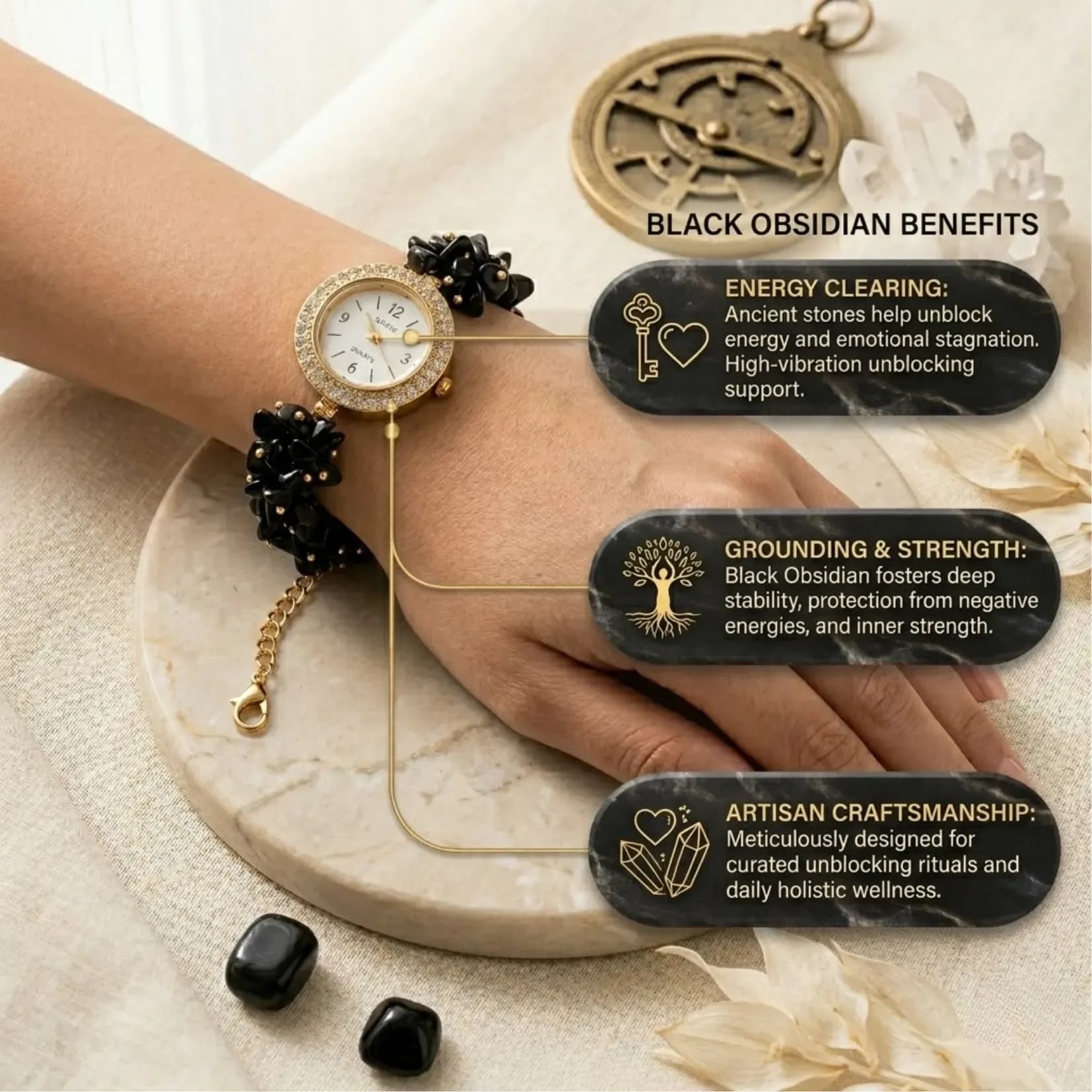 Black Tourmaline Chips Watch Bracelet - Authentic AstroJi Spiritual Product View 2