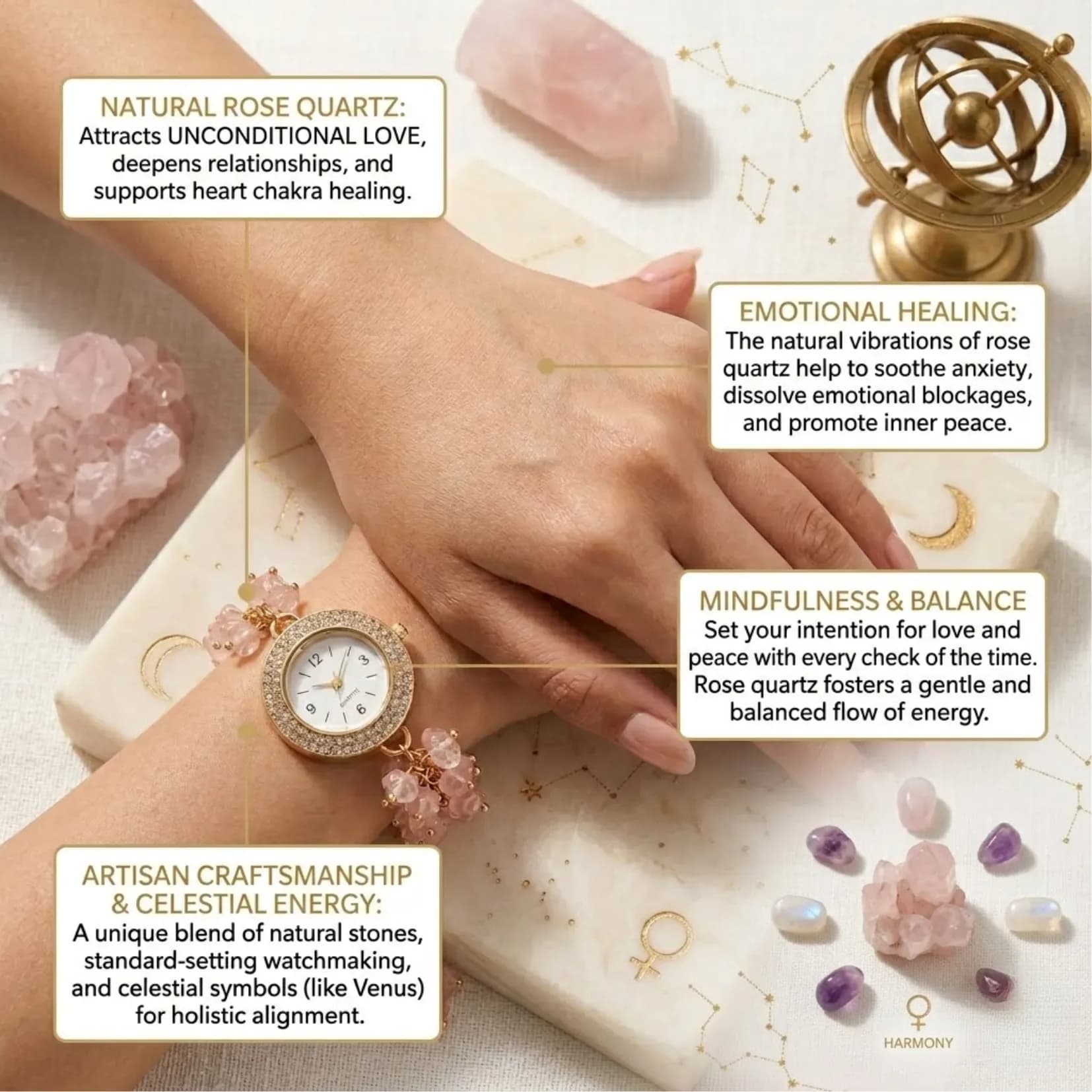 Rose Quartz Chips Watch Bracelet - Authentic AstroJi Spiritual Product View 3