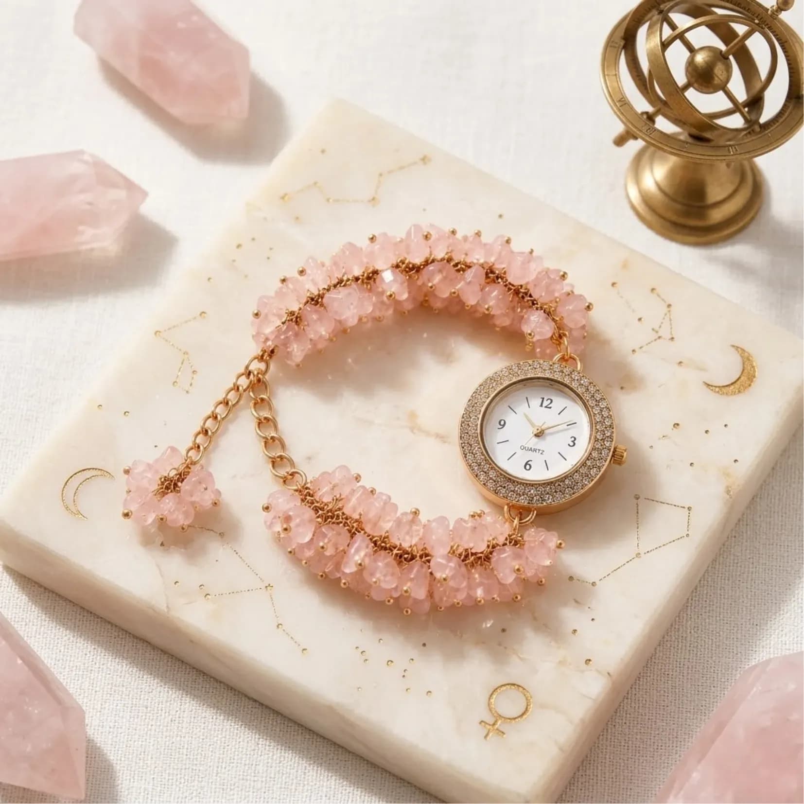 Rose Quartz Chips Watch Bracelet