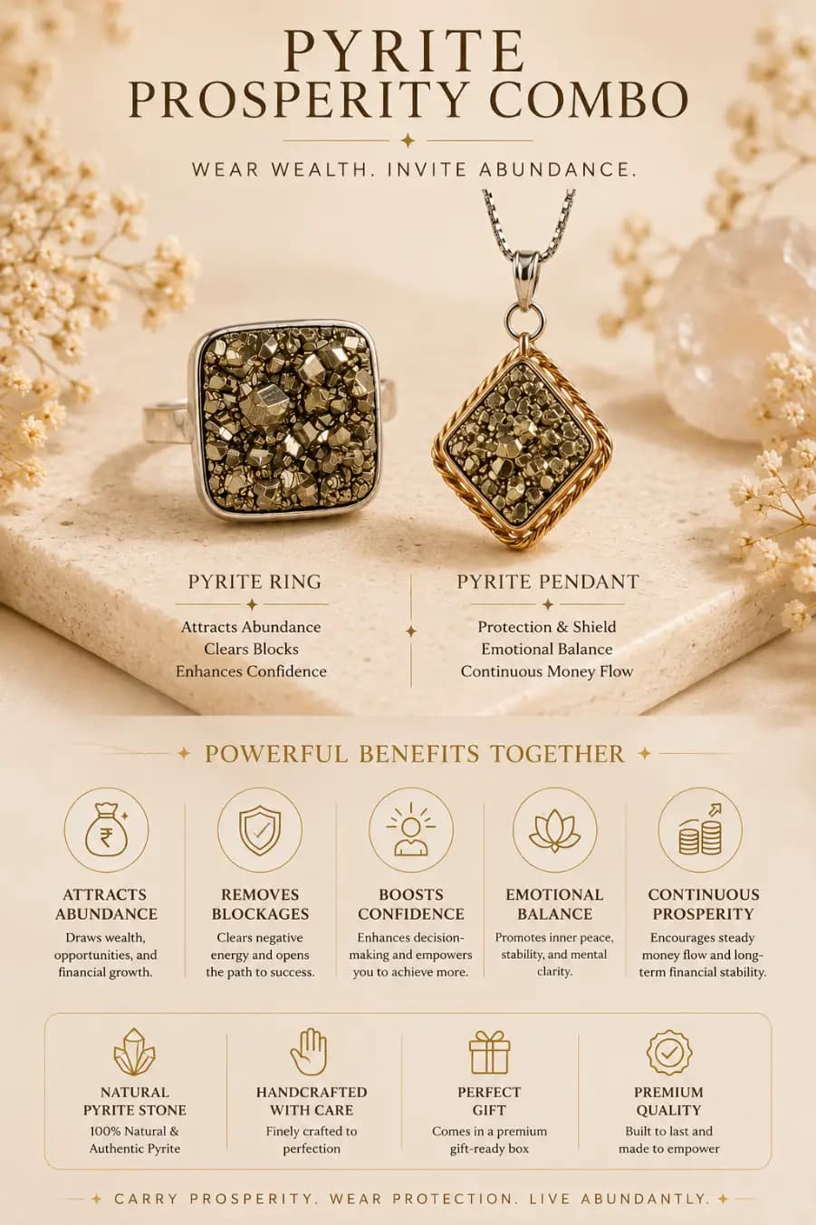 WEALTH ATTRACTOR: Pyrite Ring + Pyrite Pendant Combo - Authentic AstroJi Spiritual Product View 3