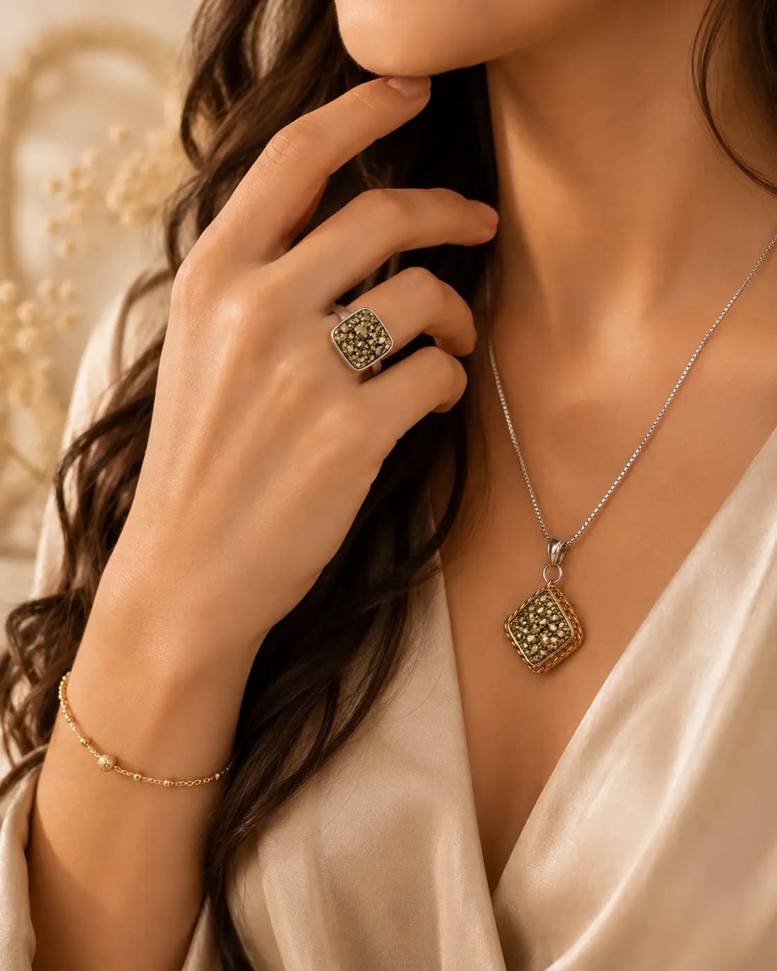 WEALTH ATTRACTOR: Pyrite Ring + Pyrite Pendant Combo - Authentic AstroJi Spiritual Product View 2