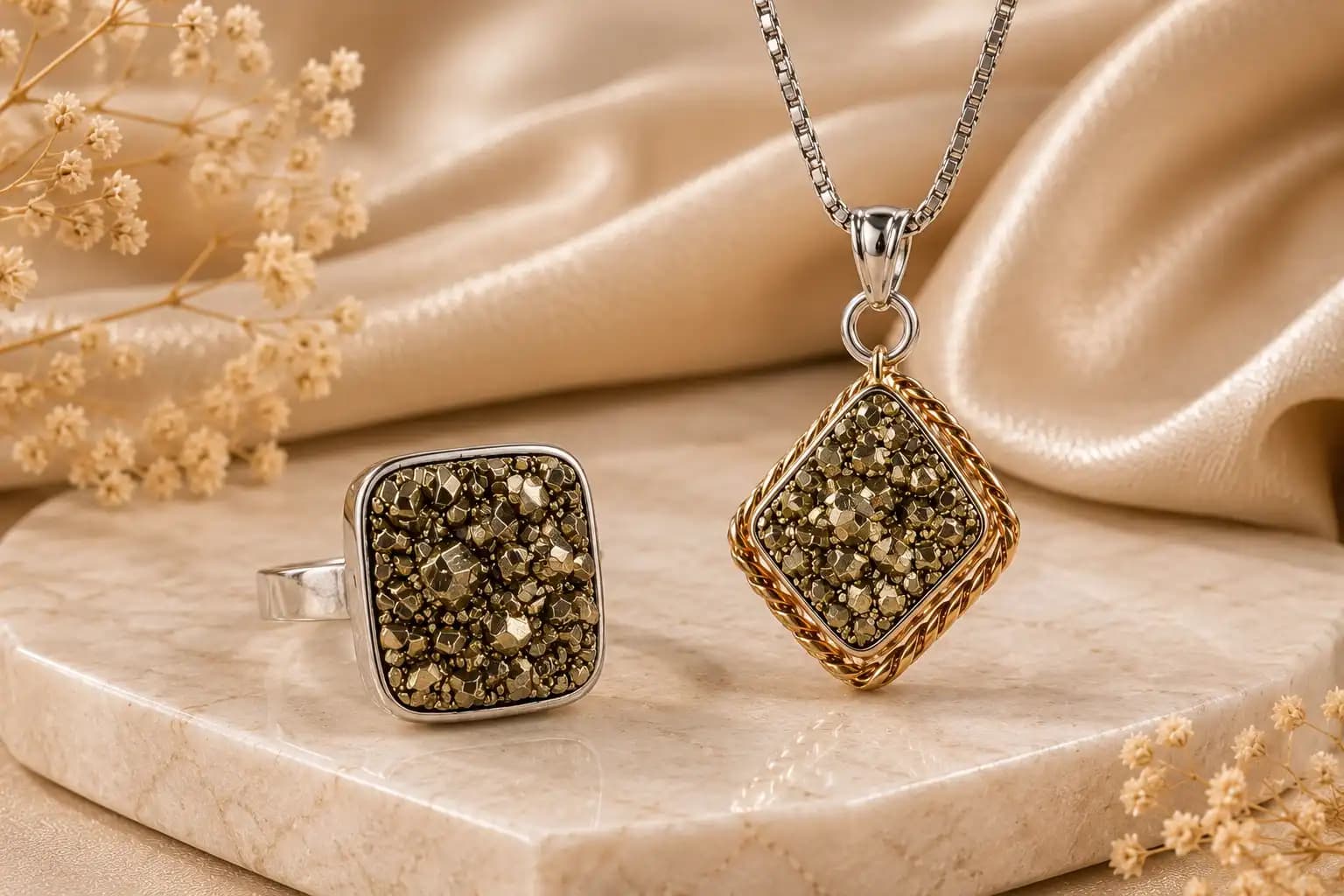 WEALTH ATTRACTOR: Pyrite Ring + Pyrite Pendant Combo - Authentic AstroJi Spiritual Product View 1