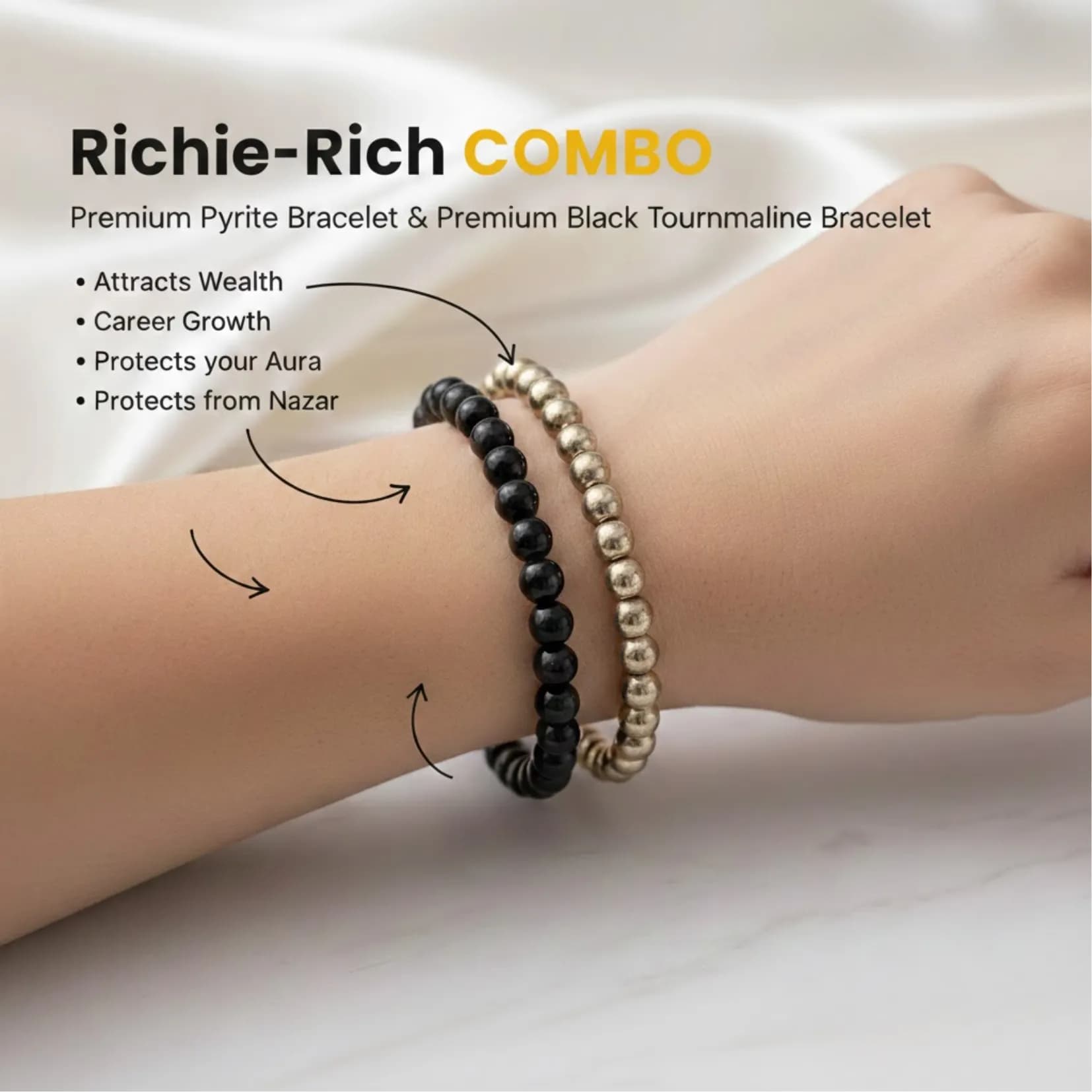 RICHIE-RICH COMBO: Pyrite bracelet + Black Tourmaline Bracelet - View 4