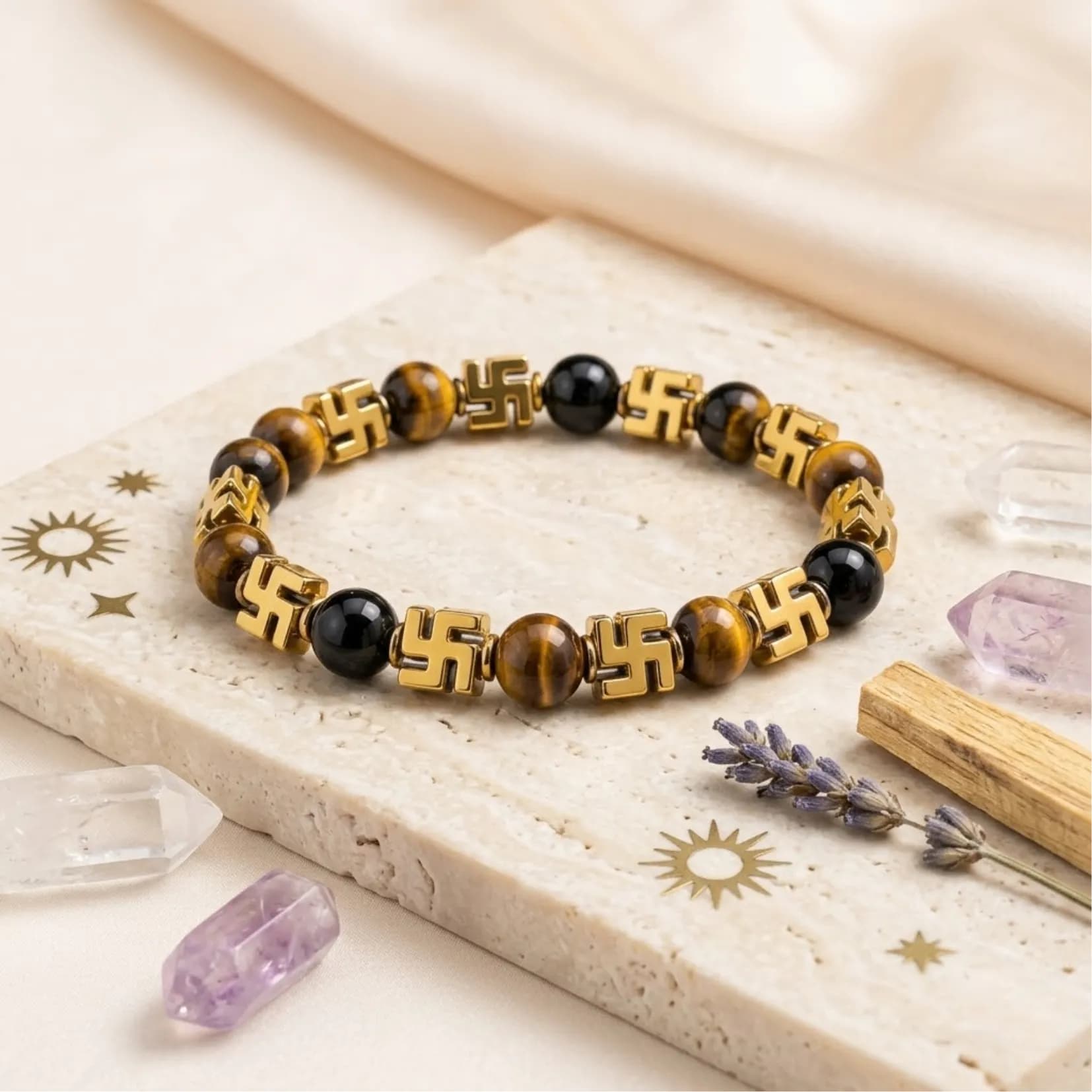 Swastik Tiger Eye & Obsidian Bracelet - View 1