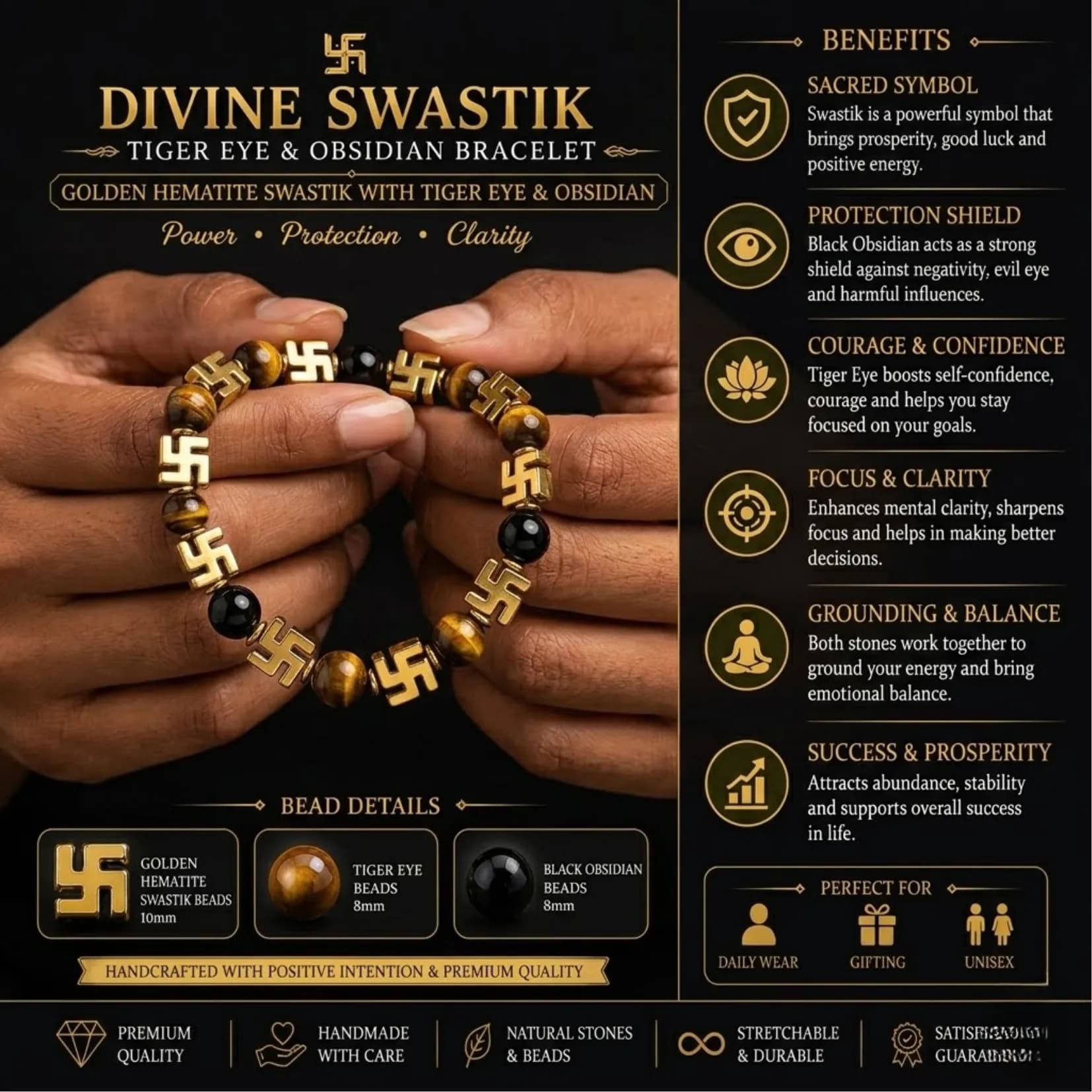 Swastik Tiger Eye & Obsidian Bracelet - View 2