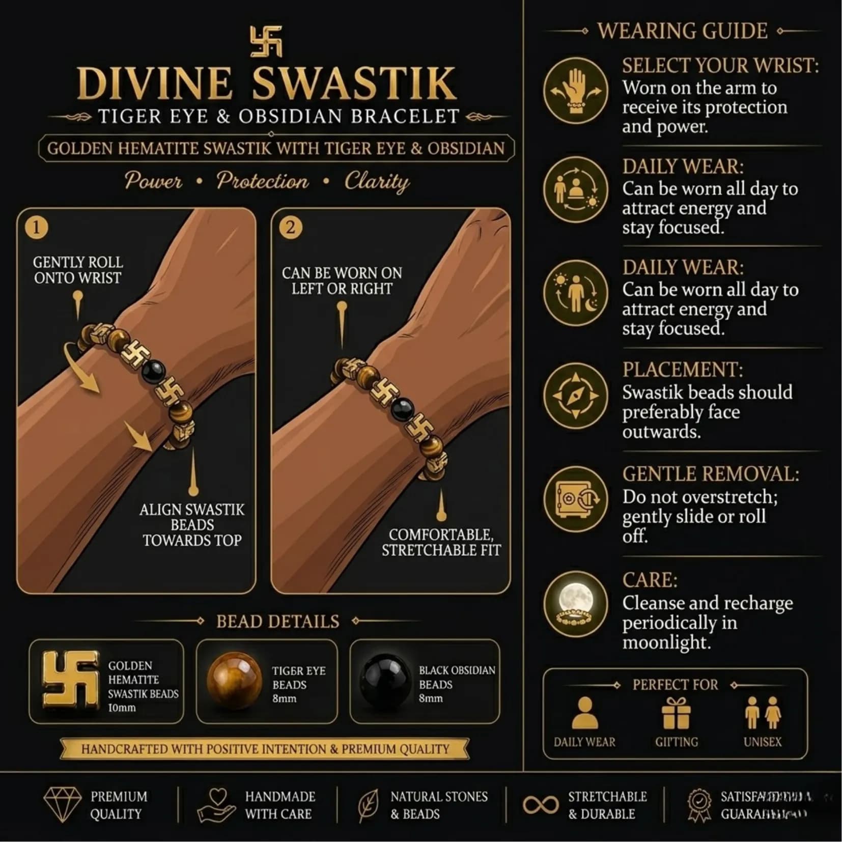 Swastik Tiger Eye & Obsidian Bracelet - View 3