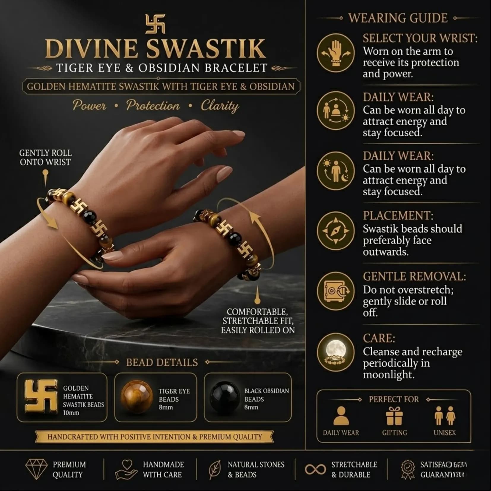 Swastik Tiger Eye & Obsidian Bracelet - View 4